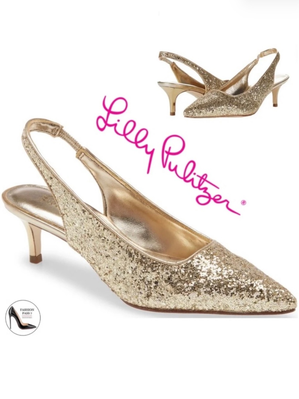 Lilly Pulitzer Shaina Slingback Gold Glitter Pump Pointed Toe Kitten Heel Shoe 6